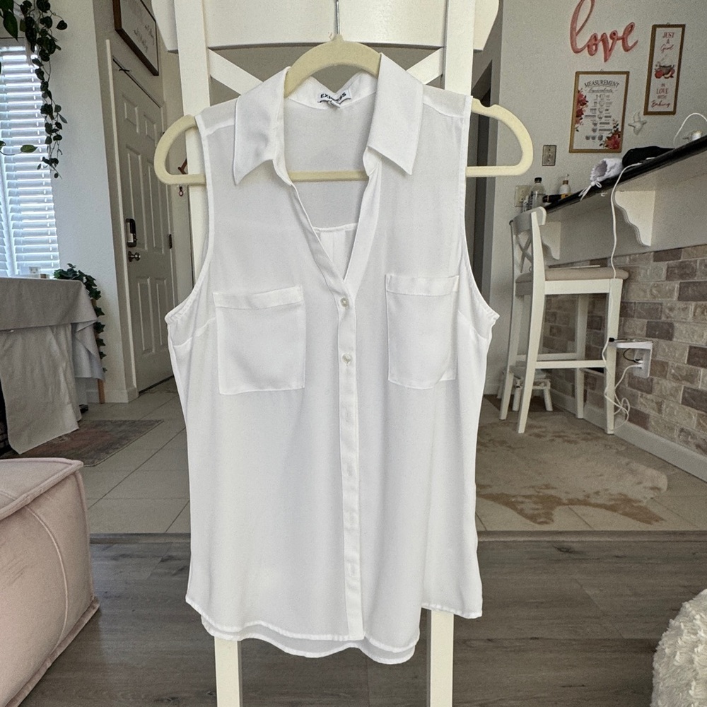 Express Button Up Sleeveless Dress Shirt - Size Medium - White